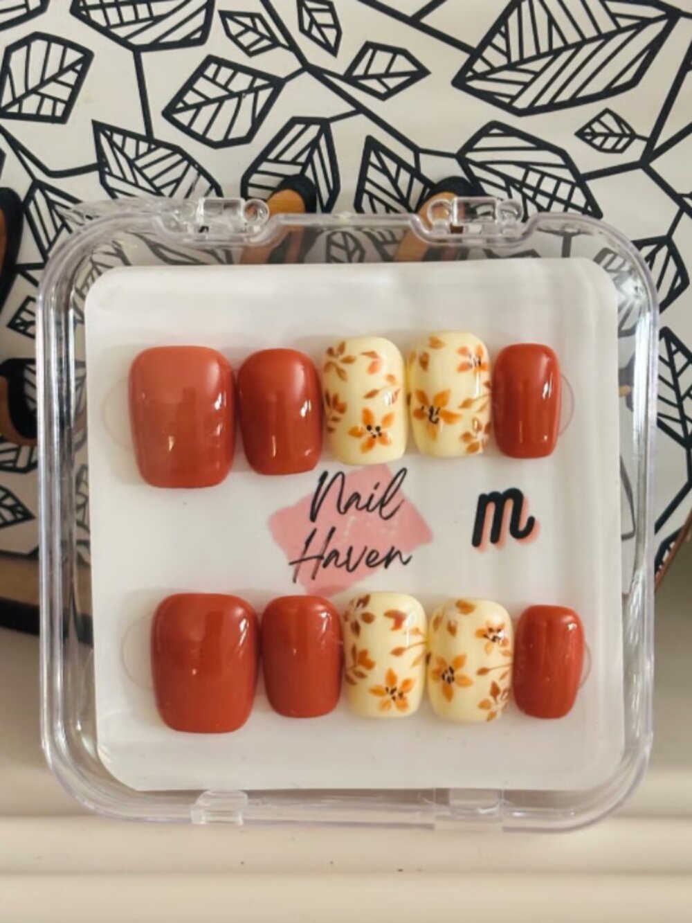 Nail Haven Press On Nails Floral Orange Set